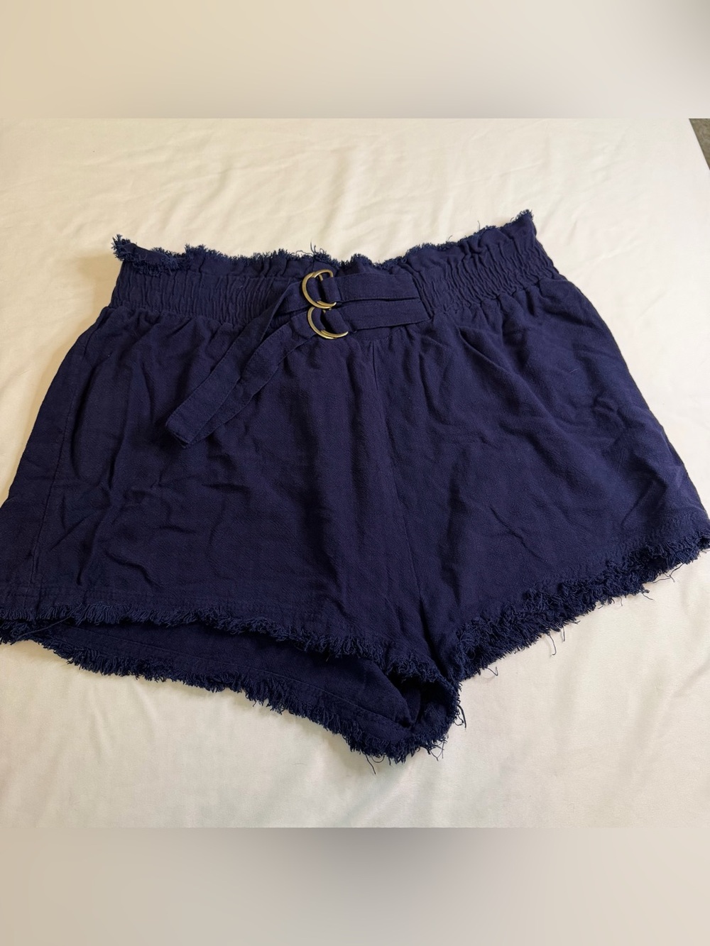 Umgee XL Navy Blue High Rise Paperbag Waist Belted Fringe Hem Shorts Boho Casual